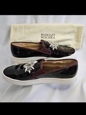 Badgley Mischka Patent Leather Slip on Sneaker - Crystals - Burgundy Deep Wine